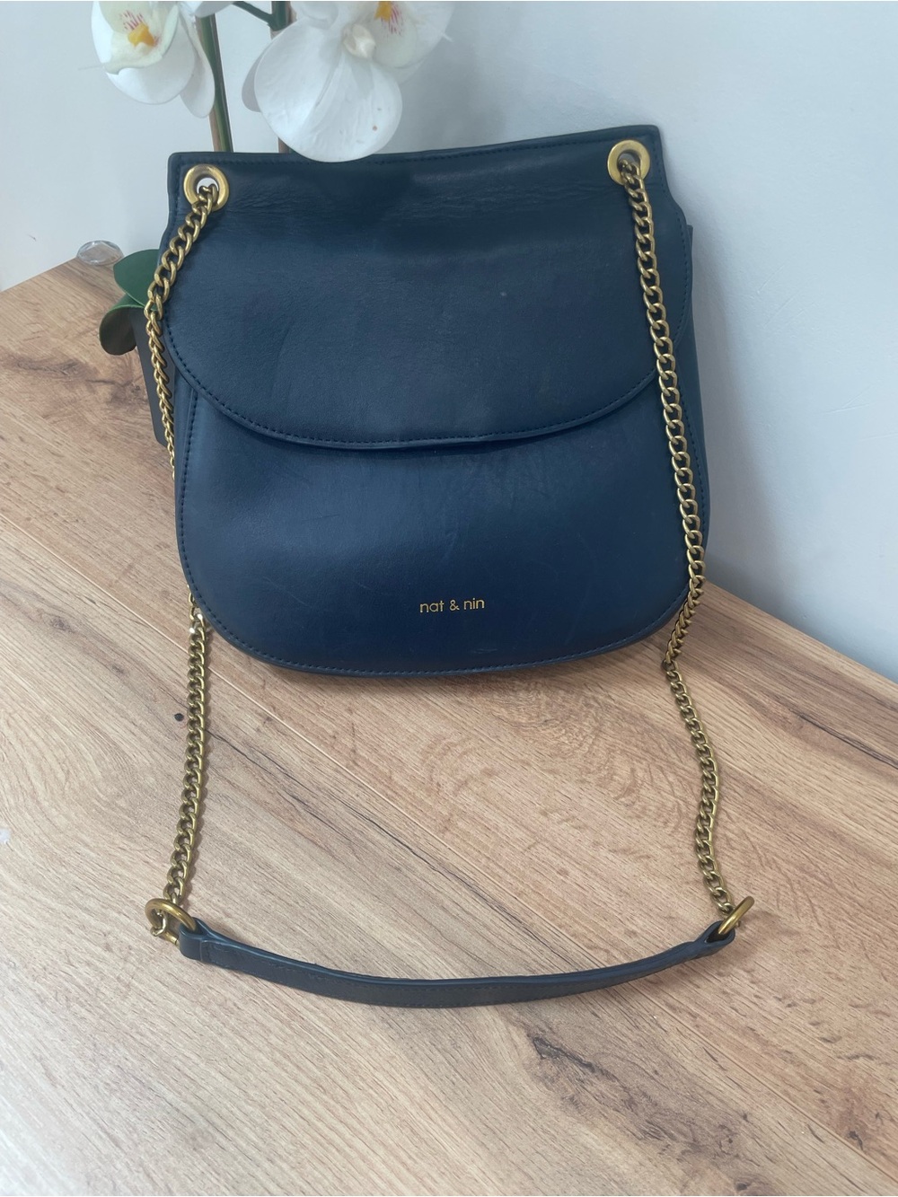 Nat & Nin Navy Leather Chain Crossbody Bag